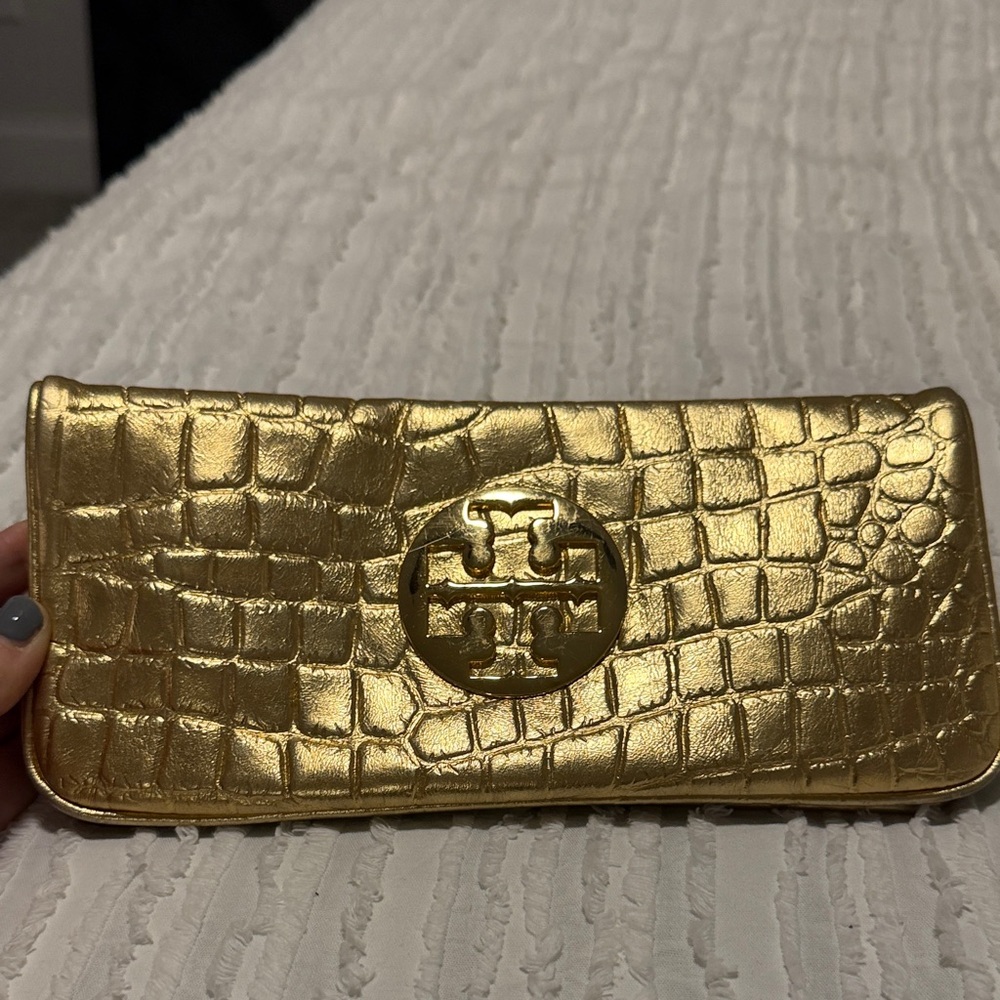 Tory Burch Metallic Gold Croc-Embossed clutch